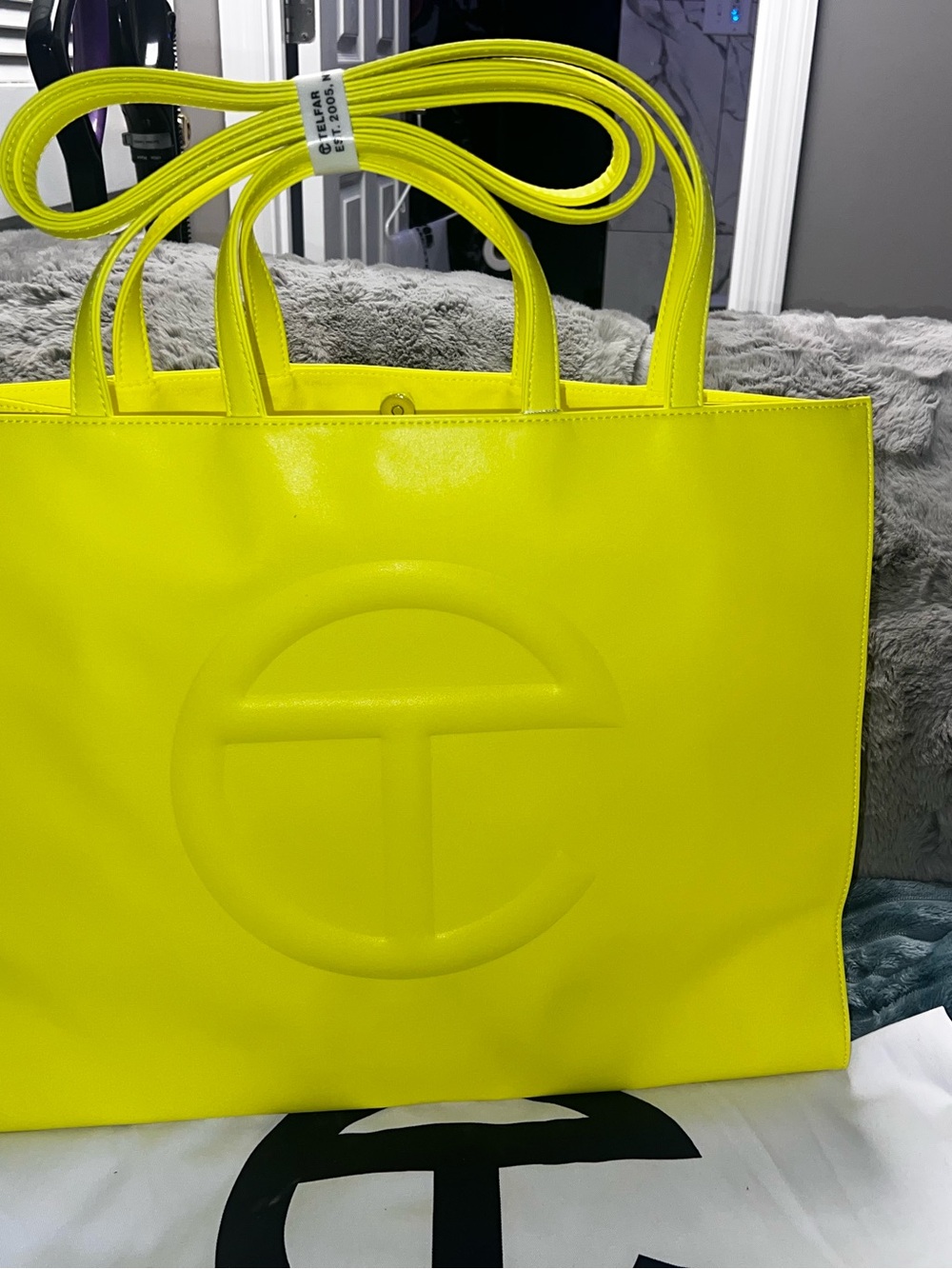 Neon highlighter Yellow T Logo Tote Bag by Telfar - Picture 3 of 11